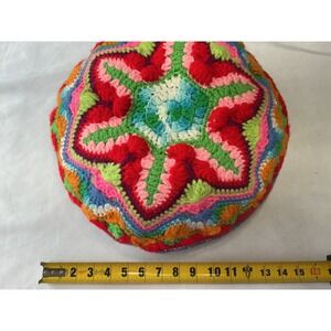 Vintage Handmade Crochet Round Pillow Retro 70s Rainbow Earth Tone Starburst 12"